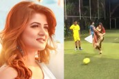 শাড়ি পরে ফুটবল খেললেন শ্রাবন্তী!

